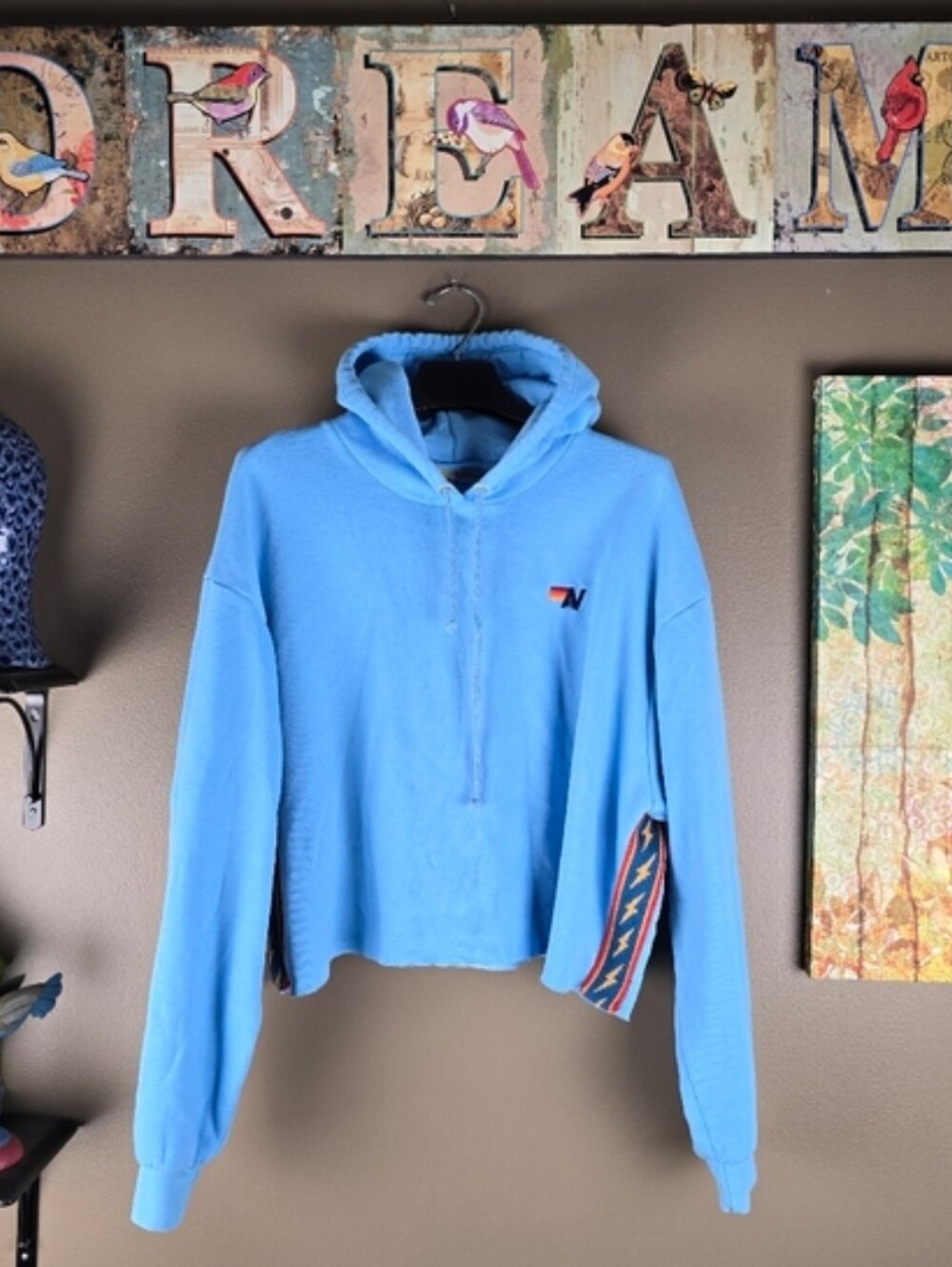 Aviator Nation Bolt Stripe Relaxed Cropped Hoodie Sweatshirt Sky Blue Large